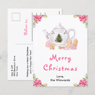 Cartão Postal De Festividades Férias Chá de Natal Rosa Feliz Natal