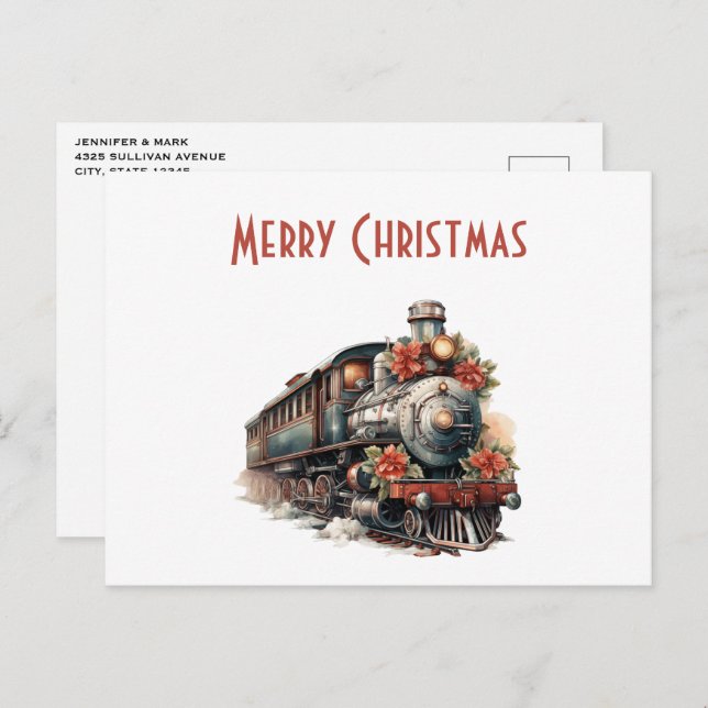 Cartão Postal De Festividades Férias de Natal com Comboio Antiguado (Frente/Verso)