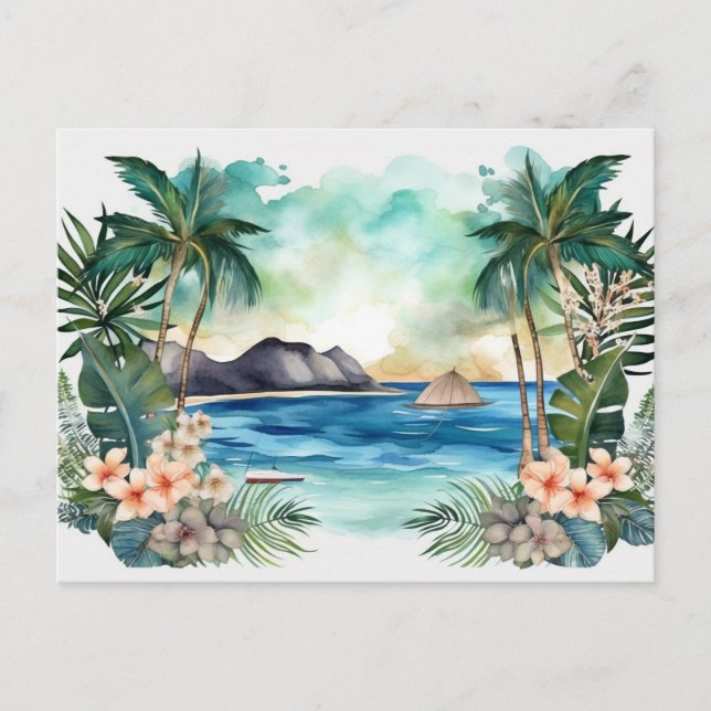 Cartão Postal De Festividades Férias de Praia da Aquarela Tropical do Paraíso (Frente)