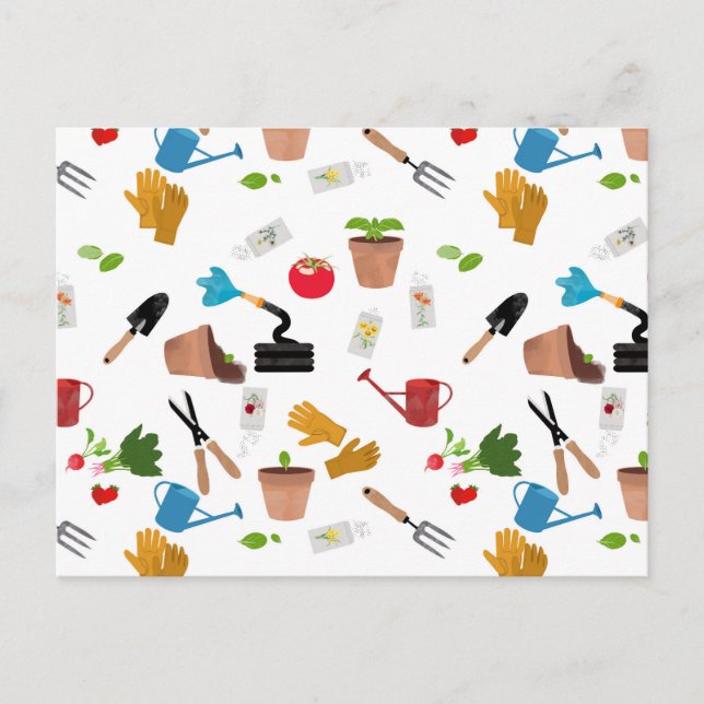 Cartão Postal De Festividades Ferramentas de jardinagem Plantas Padrão de jardin (Frente)
