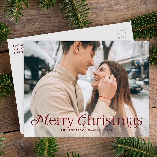 Cartão Postal De Festividades Fesitência Elegance Burgundy Feliz Foto de Natal (Criador carregado)