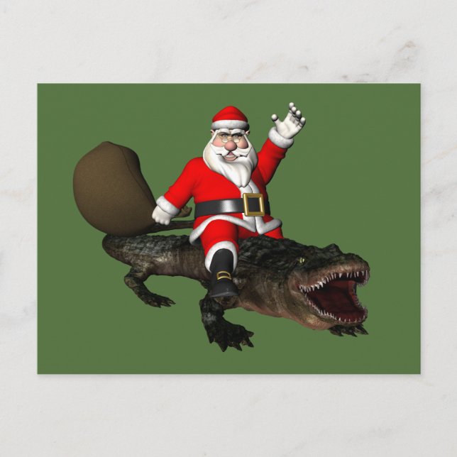 Cartão Postal De Festividades FesSanta Claus Andando Por Um Alligador (Frente)