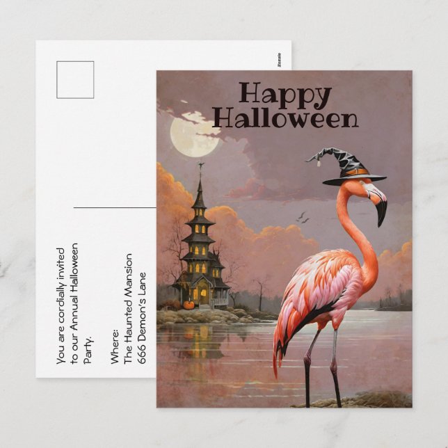 Cartão Postal De Festividades Festa de Fantasias de Halloween da Mansão Assombra (Frente/Verso)