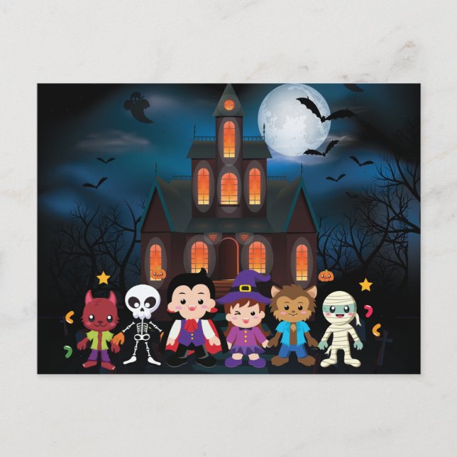 Cartão Postal De Festividades Festa de Figurino de Halloween para Crianças Bonit (Frente)