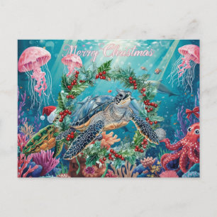 Cartão Postal De Festividades Festa de Natal da Tartaruga Debaixo do Mar