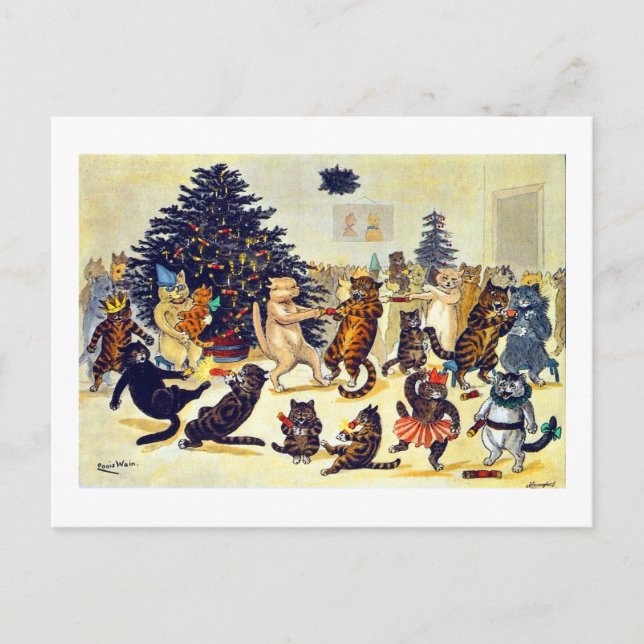 Cartão Postal De Festividades Festa de Natal de Cat, Louis Wain (Frente)