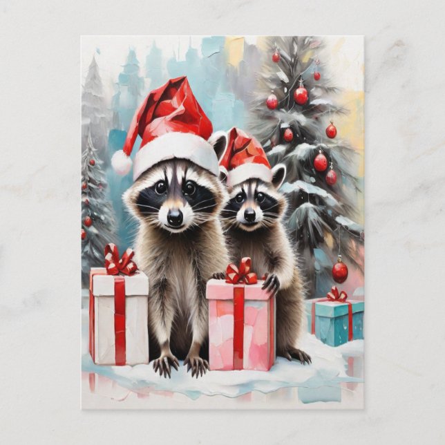 Cartão Postal De Festividades Festa de Raccoon de Natal (Frente)