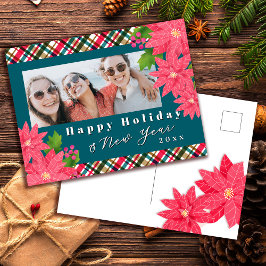 Cartão Postal De Festividades Festa Feliz Ano Novo Foto Poinsettia Azul