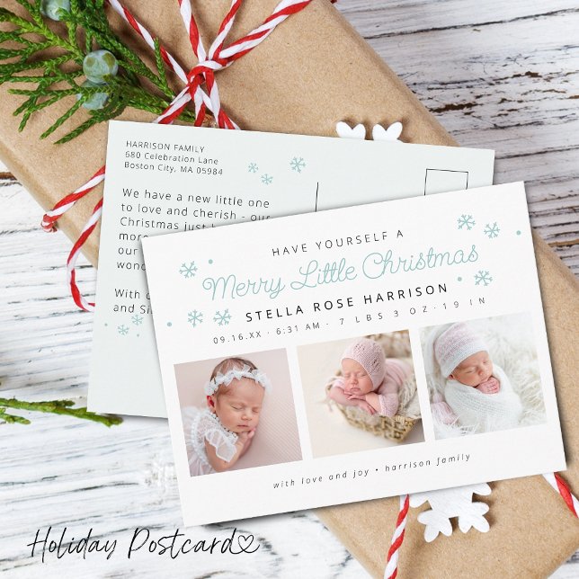 Cartão Postal De Festividades Festas Alegres Natalzinho Fotografias de Nasciment (Festive Merry Little Christmas Birth Photos Blue Holiday Postcard)