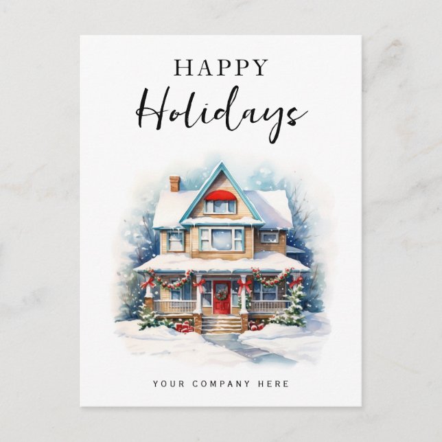Cartão Postal De Festividades Festas de Natal Festivas Felizes Casas de Aquarela (Frente)