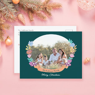 Cartão Postal De Festividades Festiva Floral Wreath Dark Foto Verde Natal