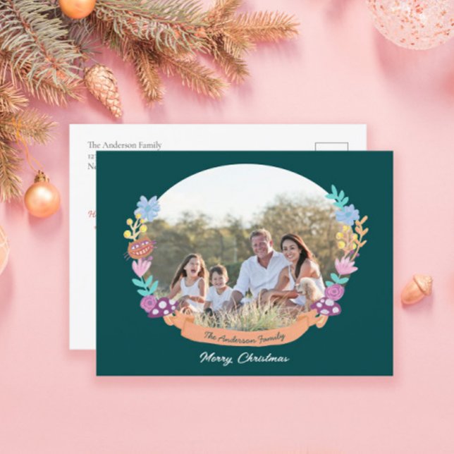 Cartão Postal De Festividades Festiva Floral Wreath Dark Foto Verde Natal (Criador carregado)