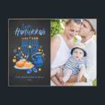Cartão Postal De Festividades Festival Menorah Chalkboard Happy Hanukkah Foto<br><div class="desc">Feliz Hanukkah! Mande Chanucá para a família e amigos com este cartão-postal personalizável. Apresenta ilustrações em aquarela de símbolos Chanucá,  como Hanukkiah ou menorah,  sufganiyot,  azeitonas e dreidel,  sobre um fundo de chalkboard falso. Personalize adicionando nomes e uma foto.</div>