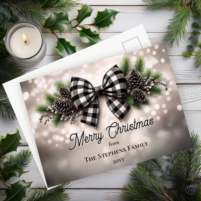Cartão Postal De Festividades Festive Holiday Wreath Merry Christmas Non-Photo (Festive Holiday Wreath with Black | White Check Coquette Bow "Merry Christmas" Postcard)