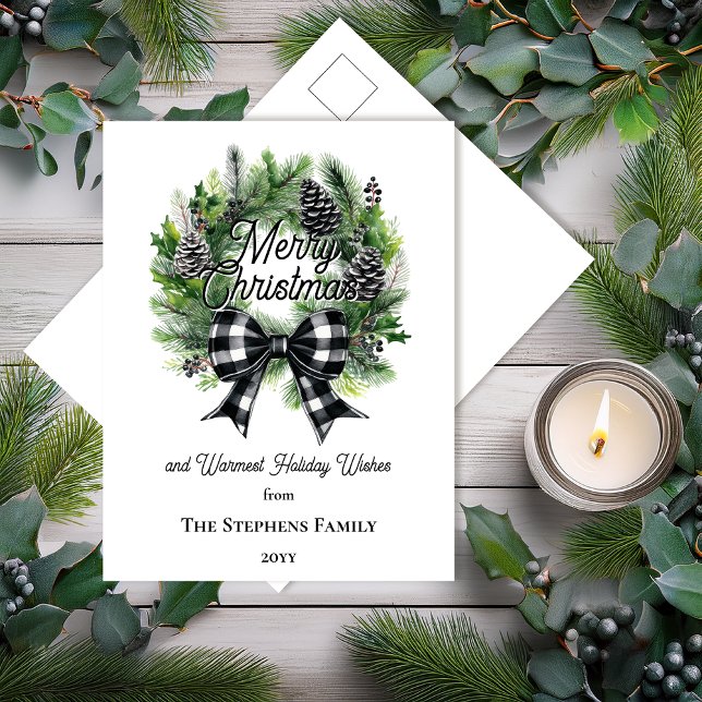 Cartão Postal De Festividades Festive Holiday Wreath Merry Christmas Non-Photo (Festive Holiday Wreath with Black | White Check Coquette Bow "Merry Christmas" Postcard)