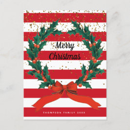 Cartão Postal De Festividades Festivo de Natal Holly Berries Wreath Stripes
