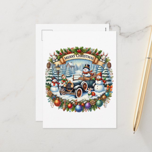 Cartão Postal De Festividades Festivo Feliz Natal Carro de neve (Frente/Verso In Situ)