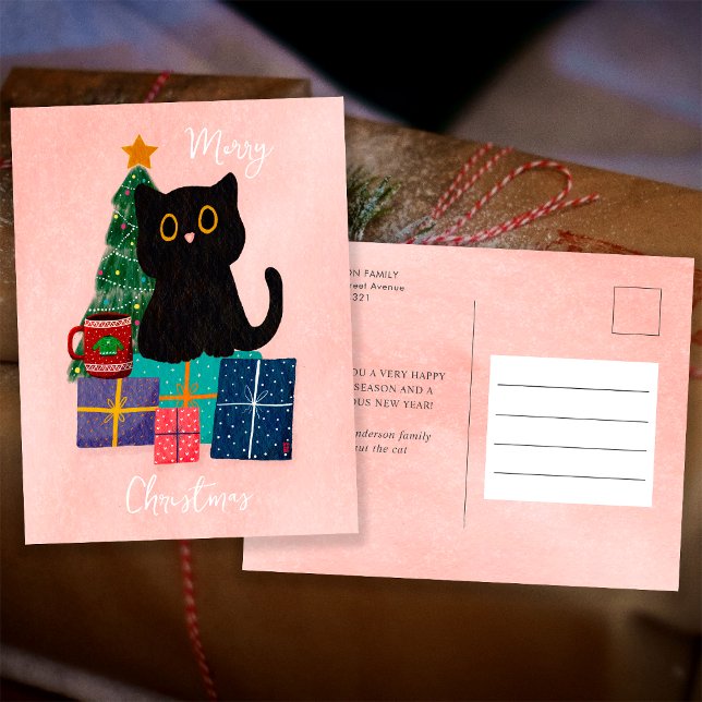 Cartão Postal De Festividades Festivo Rosa Feliz Natal Gato Preto, Café (Front and Back)