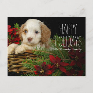 Cartão Postal De Festividades Filhote de cachorro que senta-se na cesta com