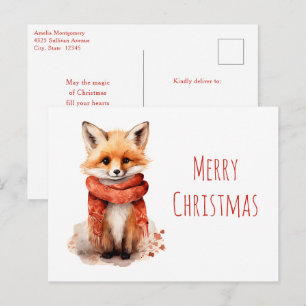 Cartão Postal De Festividades Filhote de Raposa Fofa em um Cachecol Vermelho de