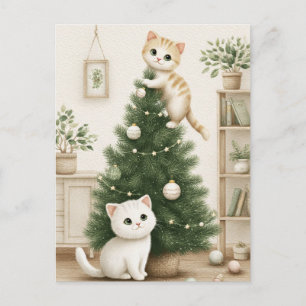 Cartão Postal De Festividades Filhotes fofos brincando com a árvore de Natal