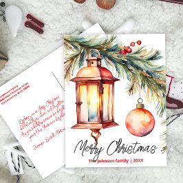 Cartão Postal De Festividades Filiação de pinheiro da Lanterna de Natal e Holly 