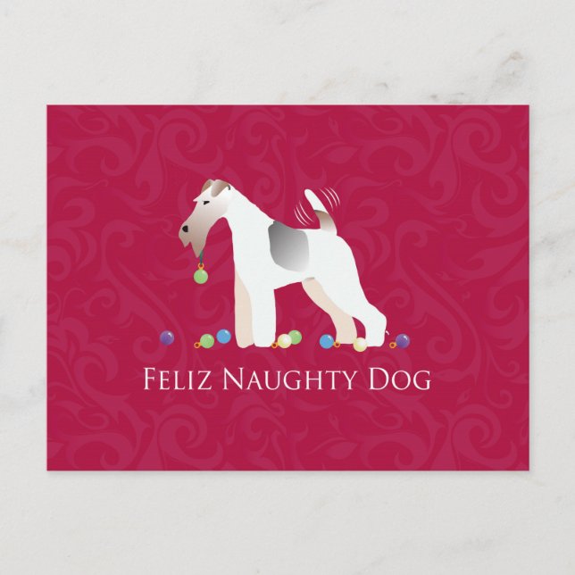 Cartão Postal De Festividades Fio Fox Terrier Feliz Naughn Dog Natal (Frente)