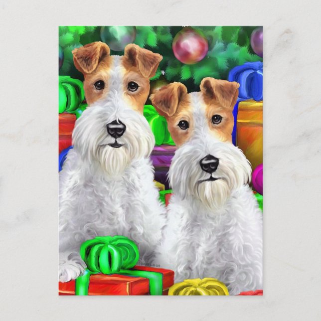 Cartão Postal De Festividades Fio Fox Terrier Open Gifts Natal (Frente)