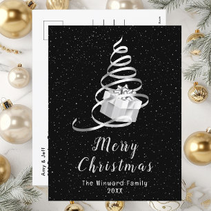 Cartão Postal De Festividades Fita Prateada e Preta Presente de Natal Feliz