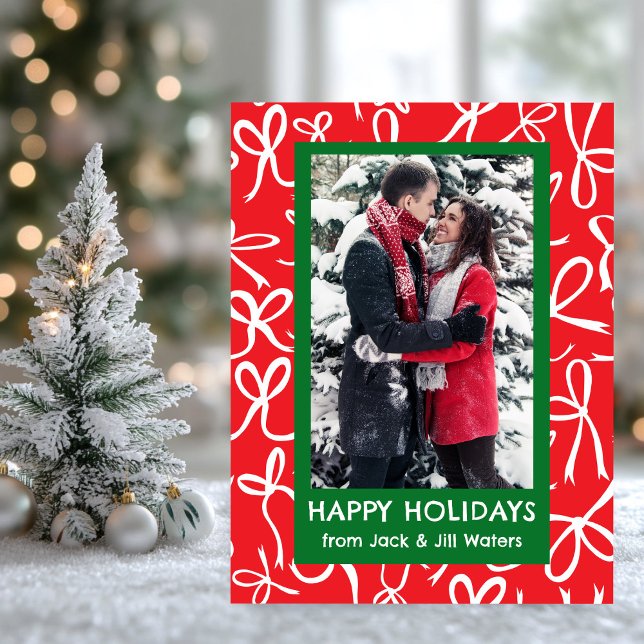 Cartão Postal De Festividades Fitas Arcos FOTO PERSONALIZADA DE Natal (Ribbons Bows Christmas CUSTOM PHOTO Holiday Postcard
)