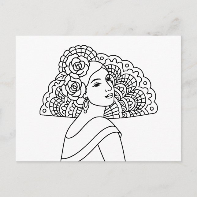 Cartão Postal De Festividades Flamenco Spanish Lady With Fan Ink art Drawing (Frente)