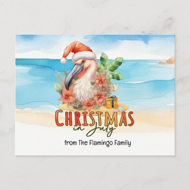 Cartão Postal De Festividades Flamingo Christmas — aquarela de julho (Frente)