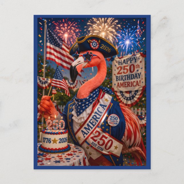 Cartão Postal De Festividades Flamingo Feliz 250º Aniversário América 4 de Julho (Frente)