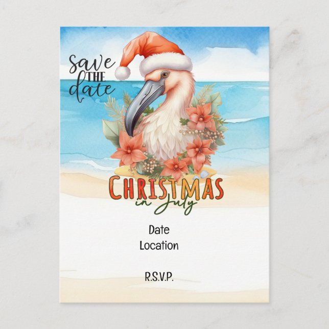 Cartão Postal De Festividades Flamingo Natal em julho, salvar a data (Frente)