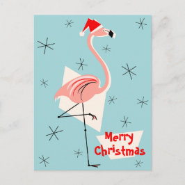 Cartão Postal De Festividades Flamingo Papais noeis Blue Merry retrato de Natal