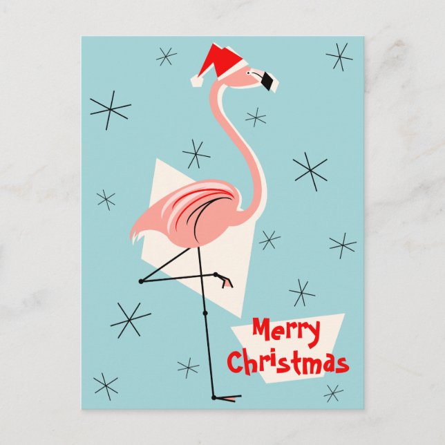 Cartão Postal De Festividades Flamingo Papais noeis Blue Merry retrato de Natal (Frente)