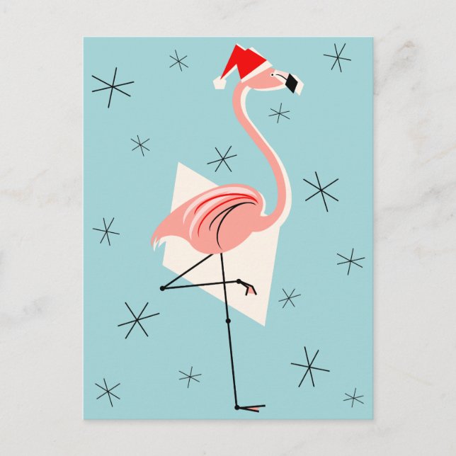 Cartão Postal De Festividades Flamingo Papais noeis Retrato azul (Frente)