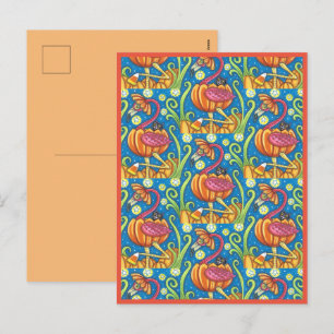CARTÃO POSTAL DE FESTIVIDADES FLAMINGO ROSA DE HALLOWEEN & GATO PRETO NA ABÓBORA