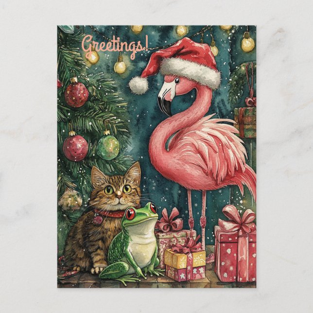 Cartão Postal De Festividades Flamingo Rosa Gato e Sapo Natal Tropical (Frente)