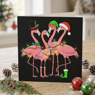 Cartão Postal De Festividades Flamingos engraçados de Natal com chapéus de Papai