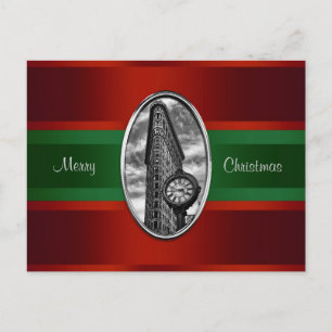 Cartão Postal De Festividades Flatiron Bldg Red Gradient, Red Grn Ribbon Xmas