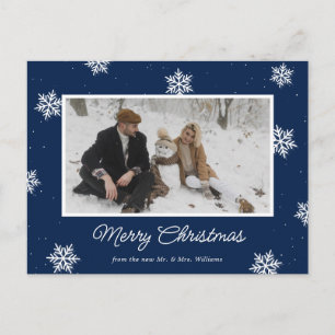 Cartão Postal De Festividades Flauta de Neve Foto Azul Feliz Natal Recém-Casados