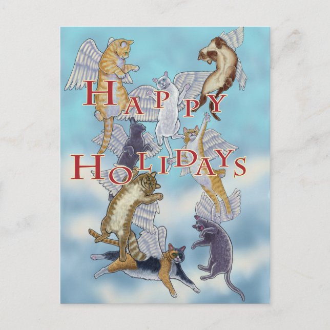 Cartão Postal De Festividades Flock of Angel Cats Happy Holidays (Frente)