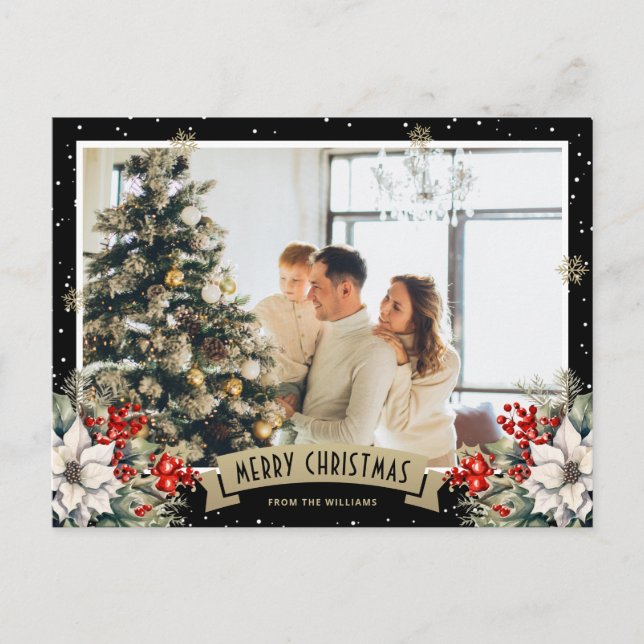 Cartão Postal De Festividades Floco de Neve Botânico Preto Foto Natal (Frente)
