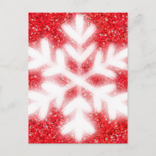 Cartão Postal De Festividades Floco de neve branco brilho vermelho elegante