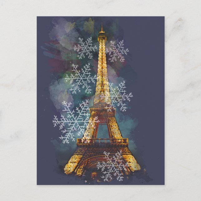 Cartão Postal De Festividades Flocos de neve Torre Eiffel Paris inverno (Frente)