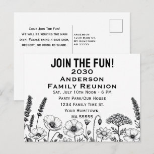 Cartão Postal De Festividades Flor Silvestre Junte-se à Reunião de Família Preto