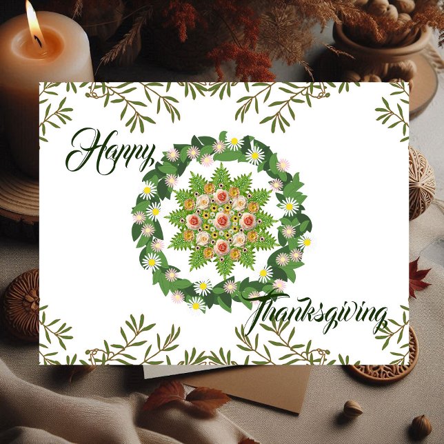 Cartão Postal De Festividades Flora Verde Fall Wreath Deixa Feliz Ação de Graças (Green Fall Wreath Flora Leaves Happy Thanksgiving Holiday Postcard)
