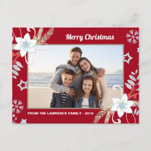 Cartão Postal De Festividades Floral Glitter Snowflakes Foto de Natal Vermelho
