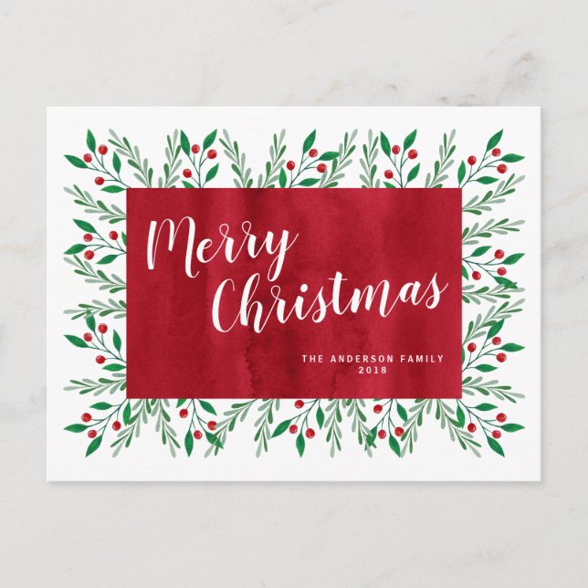 Cartão Postal De Festividades Floral Hídrico Vermelho de Natal Personalizado (Frente)